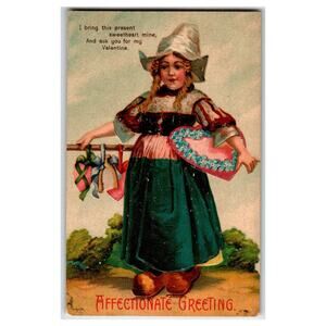 Ellen Clapsaddle 1908 Valentine Postcard Dutch Girl with Heart and Wishbone